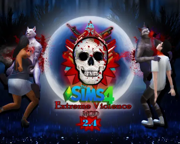 Grafika z gry The Sims 4 z motywem przemocy, czaszką i wilkołakami.