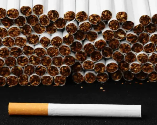 Una hilera de cigarrillos apilados, con uno solo al frente. El tabaco es malo, y la nicotina es adictiva.