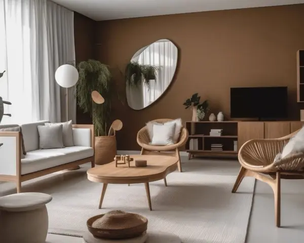 Nowoczesny salon z brązowymi ścianami, drewnianymi meblami i roślinami.