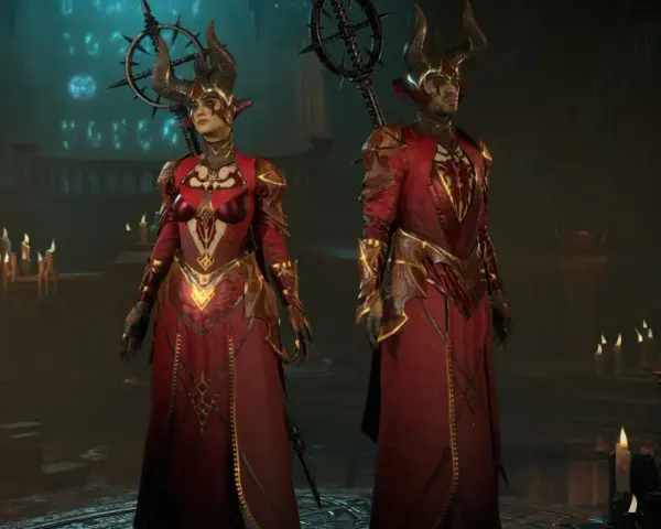 Dwie postacie w strojach inspirowanych diablo 2 czarodziejka build, z rogami i ozdobnymi szatami, stoją w mrocznym, świecznikowym wnętrzu.