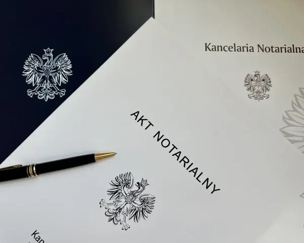 Akt notarialny i długopis na tle dokumentów z godłem Polski.