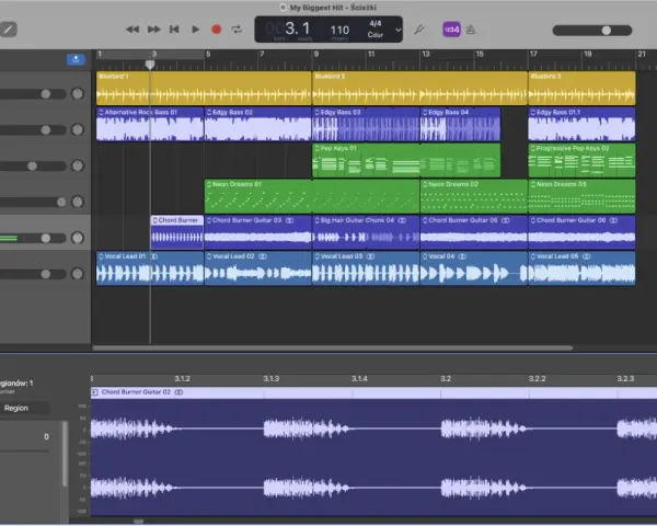 Interfejs programu GarageBand z wieloma ścieżkami audio: wokal, gitara, bas i klawisze. Widoczne fale dźwiękowe i nazwy instrumentów.