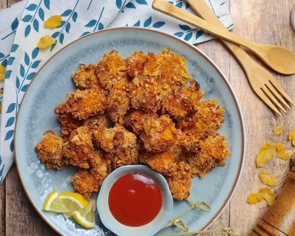 Piatto di croccanti bocconcini di pollo impanati con fiocchi di mais, serviti con ketchup e spicchi di limone.