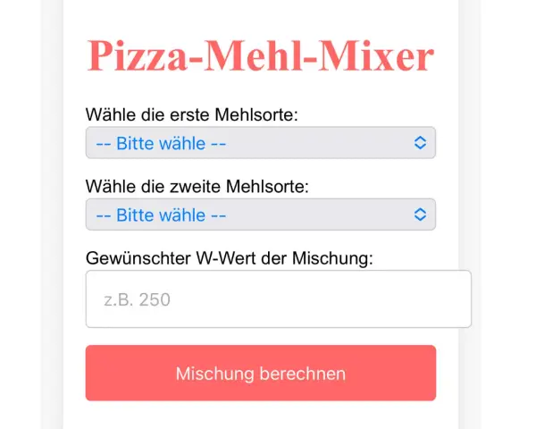 Pizza-Mehl-Mixer: Wähle zwei Mehlsorten und gib den gewünschten W-Wert der Mischung ein, z.B. 250.