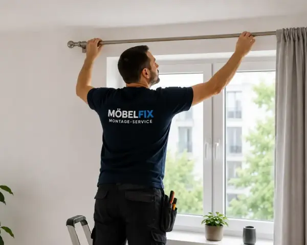Mann montiert eine Gardinenstange über einem Fenster. Er steht auf einer Leiter und richtet die Stange aus, bevor er sie bohrt.
