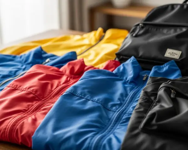 Kolorowe kurtki i plecak. Lekki, wodoodporny nylon jaki to materiał, idealny na podróż.