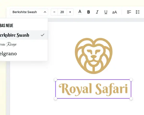 Edytor tekstu z opcją dodawania znaku wodnego do wielu zdjęć. Wybór czcionki "Berkshire Swash" dla tekstu "Royal Safari".