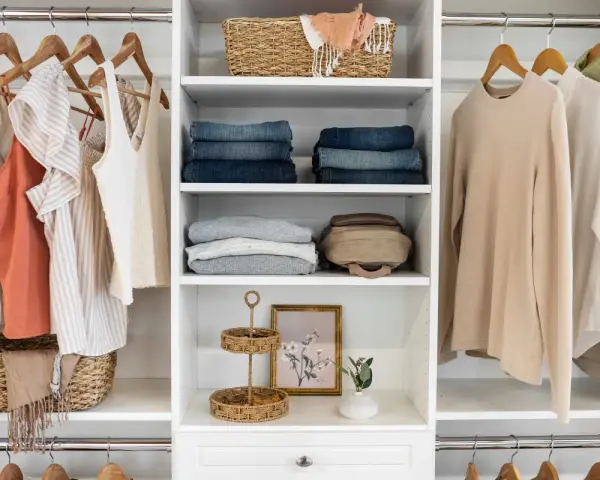 A well-organized closet with hanging clothes, folded jeans, sweaters, and decorative baskets. This DIY closet organizer maximizes space and style.