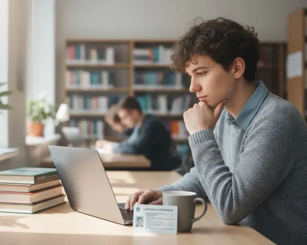 Młody student z legitymacją studencką, korzystający z laptopa w bibliotece. Nawet po 26 roku życia, zniżka studencka PKP może być pomocna.