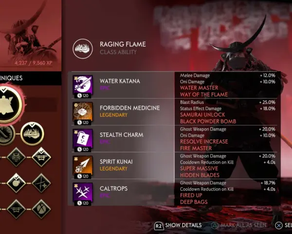 Ghost of Tsushima tryb legend: menu postaci Samuraja z technikami, takimi jak "Water Katana" i "Stealth Charm".