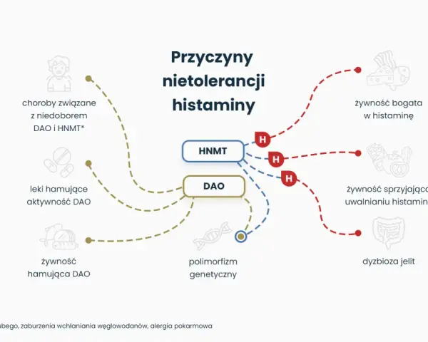 Schemat wyjaśnia, co to jest histamina i jej nietolerancja, wskazując na przyczyny: niedobór DAO/HNMT, leki, polimorfizm genetyczny, żywność bogatą w histaminę, uwalniającą histaminę, oraz dysbiozę jelit.