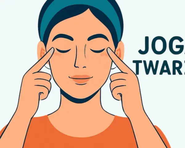 Kobieta wykonuje ćwiczenia na owal twarzy, delikatnie masując okolice oczu. Napis "JOGA TWARZY" sugeruje naturalne metody pielęgnacji.
