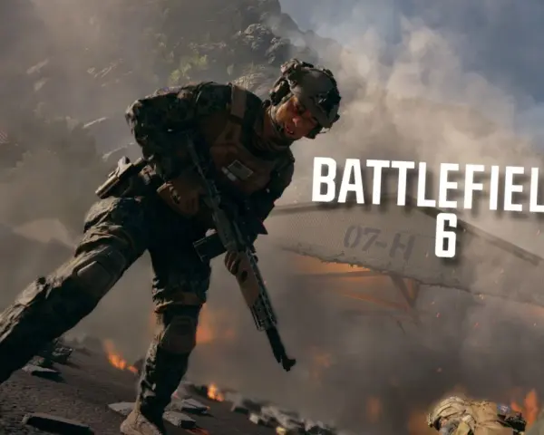 Żołnierz w kamuflażu z karabinem na tle dymu i płomieni. Napis Battlefield 6.