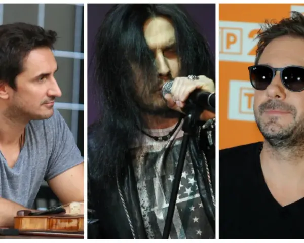 Trzech znanych polskich piosenkarzy: muzyk z gitarą, rockman z długimi włosami i wokalista w okularach.