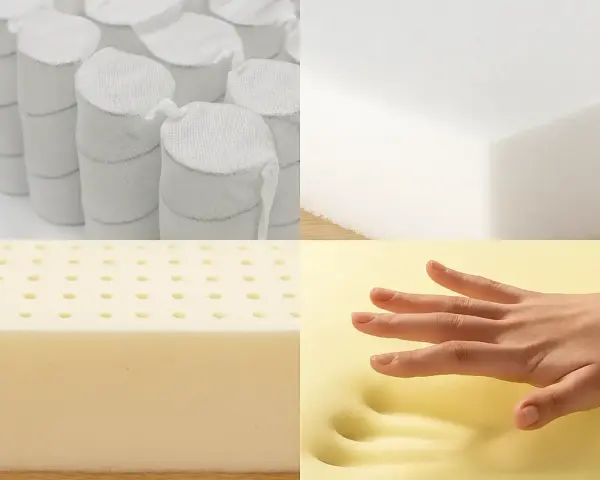 Comparaison de différents types de matelas : ressorts ensachés, mousse blanche, latex perforé et mousse à mémoire de forme réagissant à la pression d'une main.