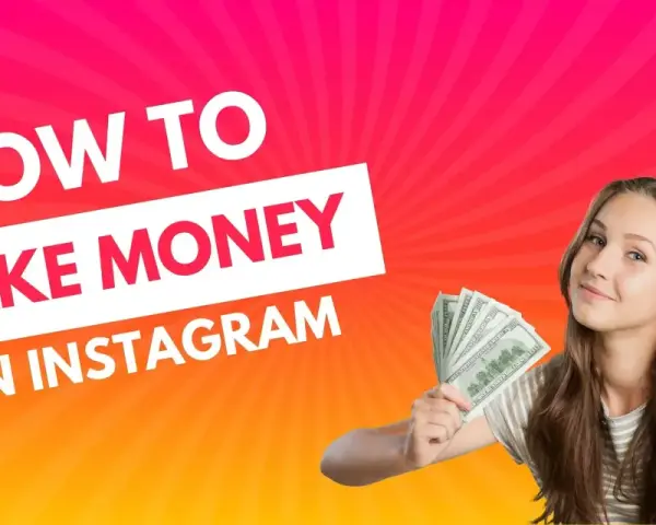 Junge Frau hält Geldscheine, Instagram-Logo, Text "How to Make Money on Instagram".