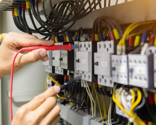 Elektryk sprawdza przewód neutralny w szafie sterowniczej, używając multimetru. Widać wiele kabli i przekaźników.