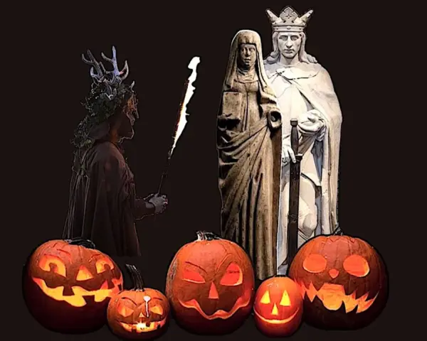 Skrämmande pumpor lyser upp mörkret inför **halloween datum**. En figur med horn och fackla står bredvid statyer av ett kungapar.