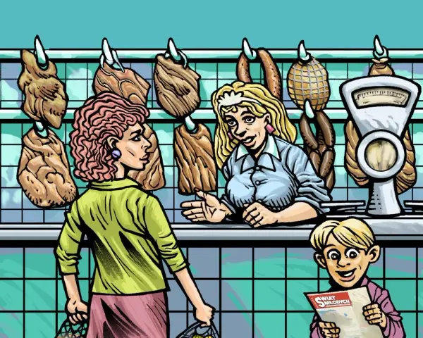 Komiks przedstawia scenę w sklepie mięsnym. Klientka rozmawia ze sprzedawczynią, a chłopiec czyta gazetę "Świat Młodych".