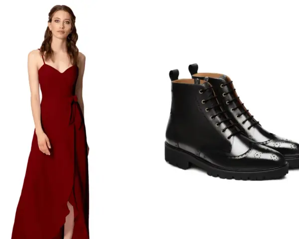 Mujer con vestido largo rojo y botines negros de cordones. Un look audaz para cualquier ocasión.