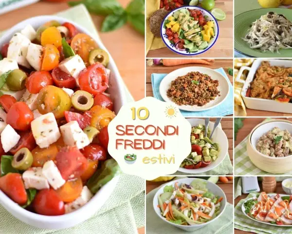 Collage di 10 secondi freddi estivi: insalate colorate, caprese, lenticchie, pollo e altro ancora. Perfetti per l'estate!
