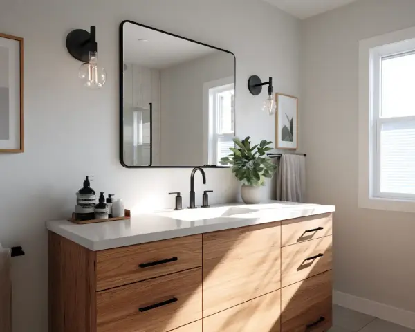 Une salle de bain moderne avec un meuble-lavabo en bois clair, un grand miroir, des luminaires industriels et une plante verte. Idéal pour peindre une salle de bain.