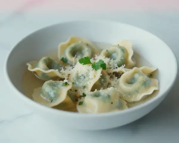Pyszne tortellini in brodo przepis. Zielone pierożki w bulionie, posypane parmezanem i natką pietruszki.
