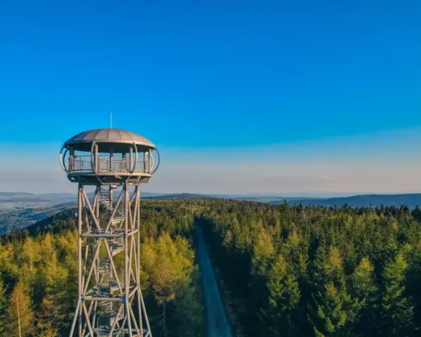 Metalowa jagodna wieża widokowa wznosi się nad gęstym lasem iglastym, oferując zapierającą dech w piersiach panoramę.