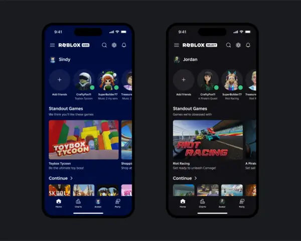 Dwa ekrany aplikacji Roblox: jeden dla dzieci (KIDS) i jeden dla starszych graczy (SELECT). Od ilu lat jest Roblox? Od 2006 roku, platforma oferuje gry takie jak Toybox Tycoon i Riot Racing.