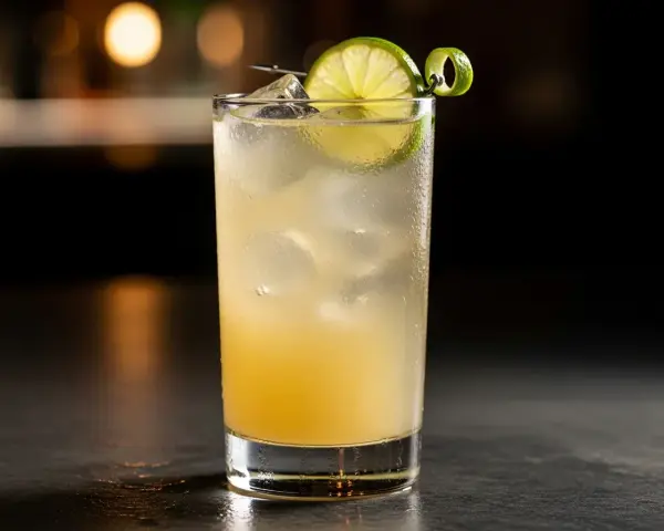 En uppfriskande limoncello sour med is, lime och en vacker spiraldekoration.