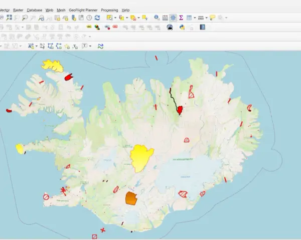 Map of Iceland showing protected areas with drone flight restrictions, indicating areas always prohibited, and seasonal restrictions for May-Sept and June-Sept.