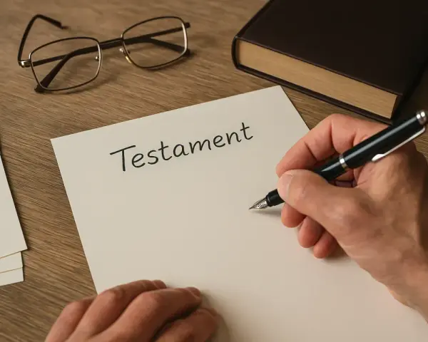 Dłoń pisze piórem na dokumencie z napisem "Testament". Obok leżą okulary i oprawiona księga.