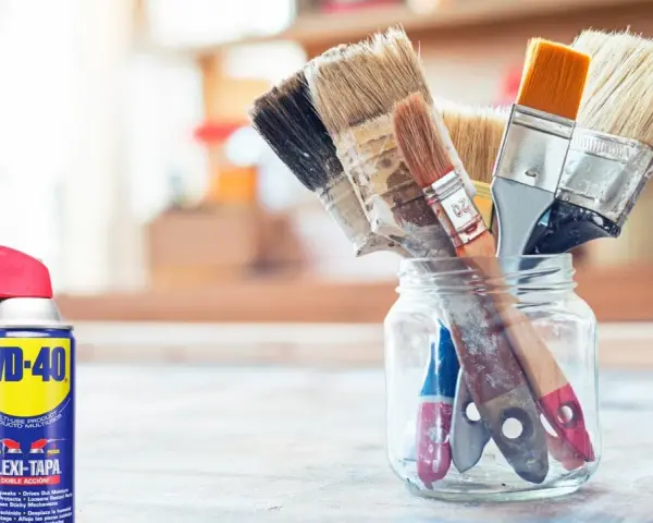 Un bote de WD-40 y un frasco de vidrio con varios pinceles sucios, listos para limpiar.