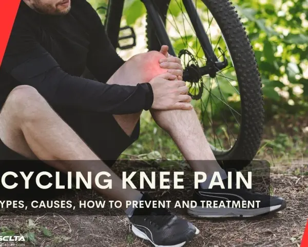Cyclist holding sore knee, questioning if cycling reduces knee swelling. Text discusses cycling knee pain causes and treatment.