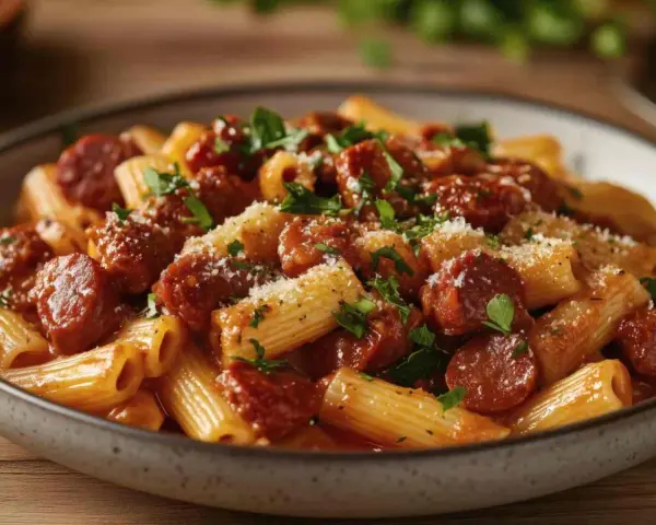 Macarrones con chorizo en salsa roja, espolvoreados con queso rallado y perejil.