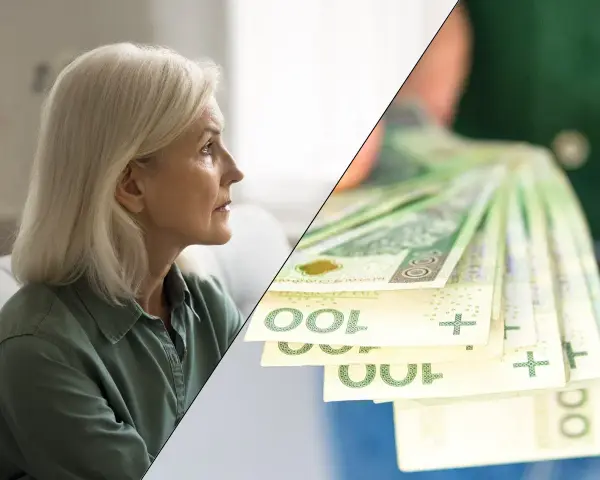 Zamyślona kobieta i stos banknotów 100 zł. Zastanawia się, ile wynosi renta wdowia.