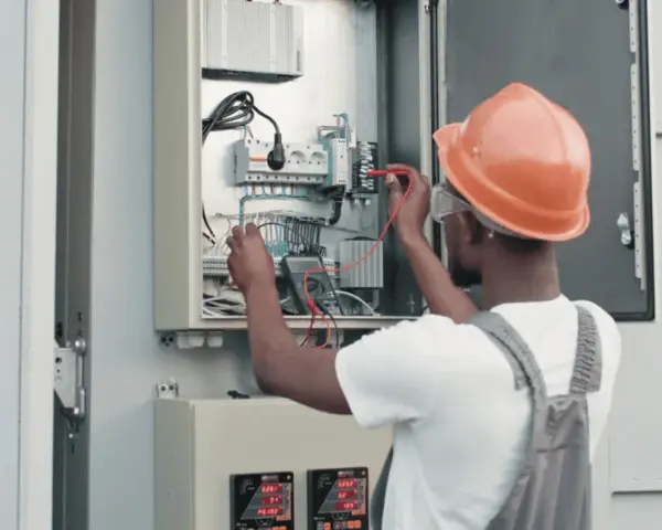 Elektryk w kasku sprawdza instalację fotowoltaiczną. Dowiedz się, jak obniżyć napięcie w sieci fotowoltaika.