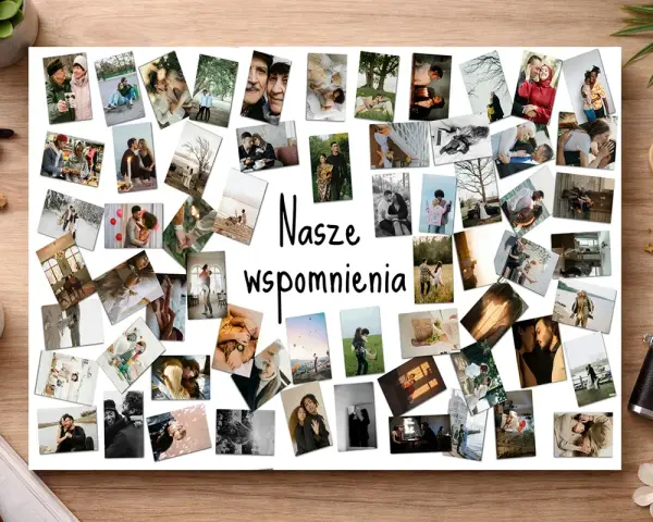 Jak zrobić kolaż ze zdjęć? Na białej kartce ułożono wiele małych, kolorowych i czarno-białych fotografii przedstawiających pary, rodziny i przyjaciół.
