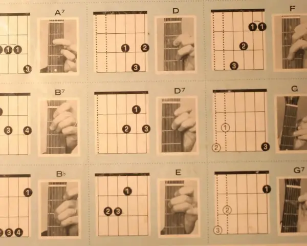 Diagramy z akordami gitarowymi dla początkujących: A7, B7, Bb, D, D7, E, F, G, G7. Pomocne dla nauki gry.