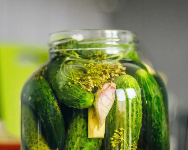En burk med inlagda gurkor, dill och vitlök. Perfekt för ett gott saltgurka recept.