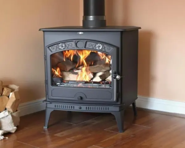 Poêle à bois en fonte, allumé, avec une pile de bois à côté. Un bon entretien assure une longue durée de vie à ce poêle à bois.