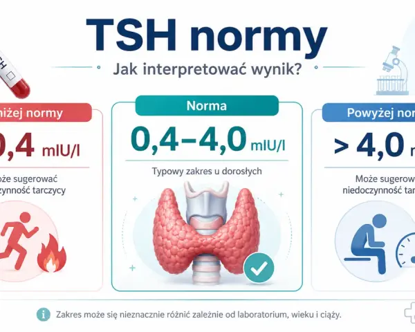 Wynik TSH poniżej normy (<0,4 mIU/I) może sugerować nadczynność tarczycy. Norma to 0,4-4,0 mIU/I. Powyżej normy (>4,0 mIU/I) może oznaczać niedoczynność.