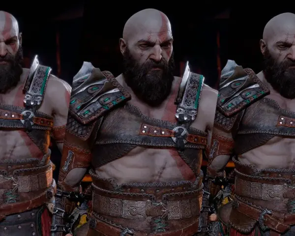 Kratos, el dios de la guerra, listo para el Ragnarok. Su armadura de cuero y metal, con detalles en verde, resalta su imponente figura.