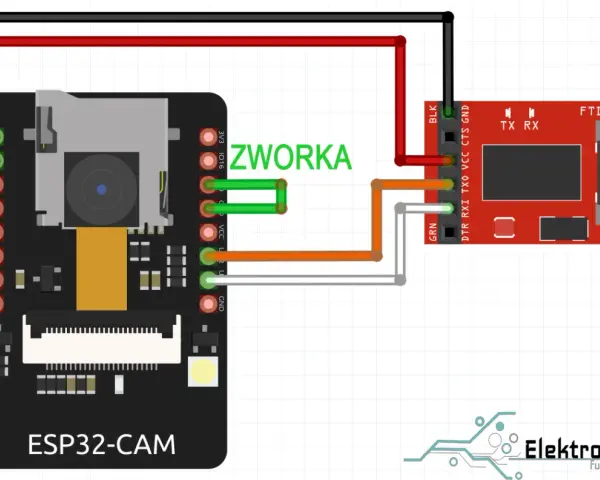 Schemat połączeń ESP32-CAM z FTDI Basic. Tworzenie bitów danych dla mikrokontrolera.