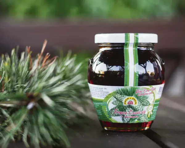 Słoik syropu z sosny, obok gałązka iglaków. Na etykiecie widnieje napis "Pine-Cone Elixir", sugerujący naturalne pochodzenie i potencjalne zastosowanie.