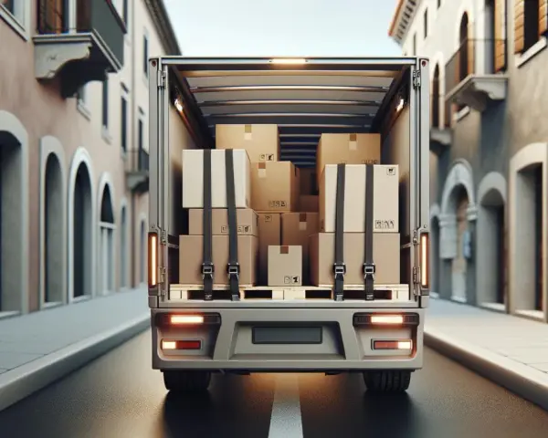Un furgone carico di scatoloni, pronto per la consegna, percorre una strada di ciottoli. Un'immagine che evoca il trasporto e la logistica, in linea con l'art. 164 CDS.