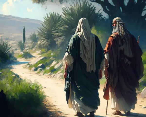 Zwei Männer, die an die Auferstehung Christi denken, wandern auf einem staubigen Weg durch eine sonnige Landschaft.