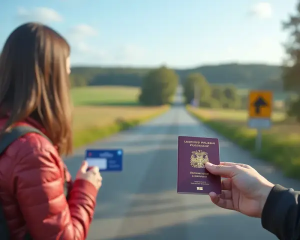 Podróż do Szwecji? Czy do Szwecji potrzebny jest paszport? Kobieta z plecakiem trzyma kartę, a ręka pokazuje paszport na tle drogi.