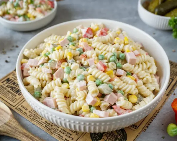 Ein cremiger, schneller Nudelsalat mit Spiralnudeln, Erbsen, Mais und Schinkenwürfeln. Perfekt für ein schnelles Mittagessen.