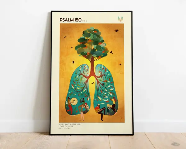 Illustration inspiriert von Psalm 150: Ein Baum wächst aus Lungen, umgeben von Vögeln und Menschen, die Musik machen.